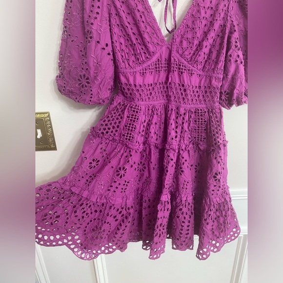 Cynthia Rowley Purple Eyelet Embroidered Fit & Flare Smocked Mini Dress Size 2 - Picture 5 of 8